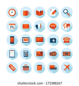 Flat design modern vector illustration icons set on business and finance theme. Icons with long shadow in stylish colors, isolated on white.    