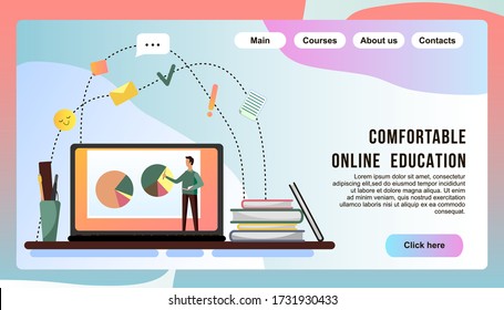 Diseño plano, ilustración vectorial moderna en línea, educación y e-learning. El usuario elige un curso en línea. Propone video a petición, foro, comunicación. Banner de educación en el hogar web para la página de inicio