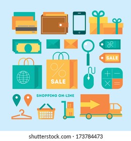 Flat design modern vector illustration. Icon set of electronic commerce and shopping isolated symbols and elements. Blue background