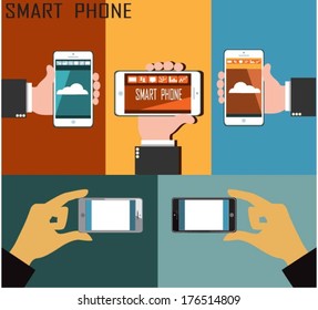 Flat design modern vector illustration icons in stylish colors of hand touch screen with business icons.