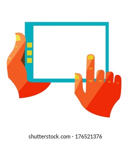 Flat design modern vector illustration in stylish colors of hand touch screen, digital tablet
