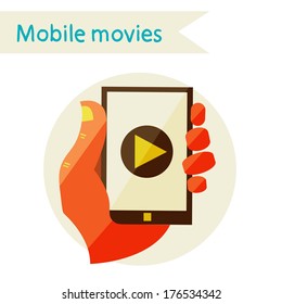 Flat design modern vector illustration in stylish colors, mobile phone, Creative concept with video player  on Smart phone 