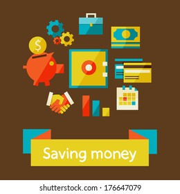 Flat design modern vector illustration in stylish colors. Piggy bank - saving money. money, bank, safe, case 