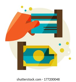 Flat design modern vector illustration stylish colors of hand holding a business card and hand holding a coin 