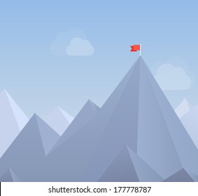 Flat design modern vector illustration concept with copy space of flag on the mountain peak, meaning overcoming difficulties, goals achievement, winning strategy with focus on results