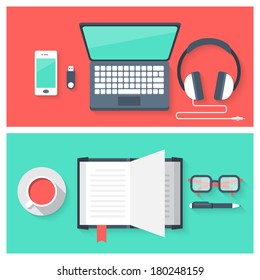 Flat design modern vector illustration concept of icons set of online education and studying objects