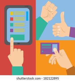 Flat design modern vector illustration icons in stylish colors of hand touch screen with business icons, mobile phone scanning qr-code, online purchase on digital tablet and wireless e-commerce usage.