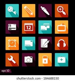 Flat design modern vector illustration icons set of SEO website searching optimization and technology development object and equipment in stylish colors.