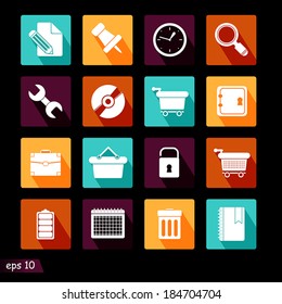 Flat design modern vector illustration icons set of website searching optimization and technology development object and equipment in stylish colors.