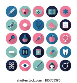 Flat Design Modern Vector Illustration Of Medical Icons With Long Shadow