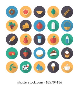 Flat design modern vector illustration icons of dairy products, fruits and desserts