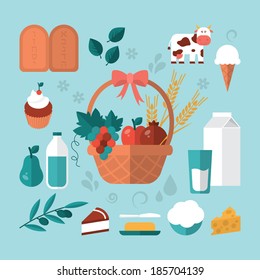 Flat Design Modern Vector Illustration Icons Of Dairy Products For Jewish Holiday Shavuot