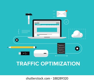 Flat Design Modern Vector Illustration Concept Of The Website Traffic Optimization Service, Webpage Coding And Conversion Growth Strategy, Web Site Optimize And Content Develop. Isolated On Background