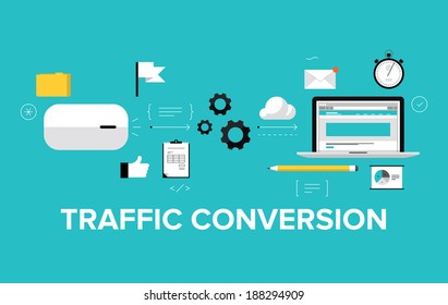 Flat Design Modern Vector Illustration Concept Of The Website Traffic Conversion Growth, Webpage Search Engine Optimization, Web Site Analyzing And Content Development. Isolated On Stylish Background