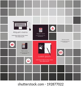 Flat design modern vector illustration concept of minimalistic stylish infographic webpage elements with icons set or abstract metro user interface kit with simple navigation for web project. 