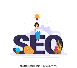 Flat design modern vector illustration concept of SEO word combined from elements and icons which symbolized a success internet searching optimization process. Concept with people, letters and icons. 