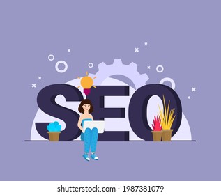 Flat design modern vector illustration concept of SEO word combined from elements and icons which symbolized a success internet searching optimization process. Concept with people, letters and icons. 