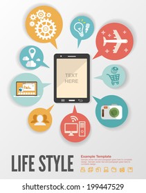 Flat design modern vector illustration infographic concept of variety using of smartphone with lots of multimedia icons and stylish mobile user interface on the phone. 