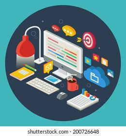 Flat design modern vector illustration concept for web, management, social media, infographic, development, design, finance and other business. Isometric icons. 