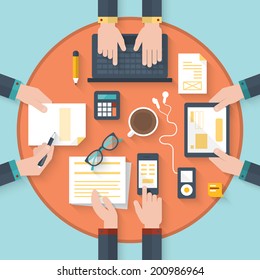 Flat design modern vector illustration concept of teamwork analyzing project on business meeting 