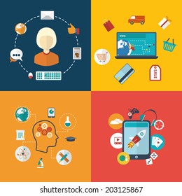Flat design modern vector illustration infographic concept of E-Education, social networks, E-commerce and entertainments. Vector illustration