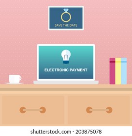 Flat design modern vector illustration concept of creative office workspace, workplace. Top view of desk background with laptop, books and documents with tea