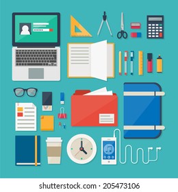 Flat design modern vector illustration concept for web, management, design, finance and education. Office and school objects, icons, infographics elements