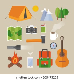 Flat design modern vector illustration concept of camping. Objects, icons, infographics elements 