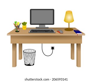 Flat design modern vector illustration concept of creative office workspace, workplace. Desk with desktop computer, lamp, office objects, book and trash can. isolated on white background, vector