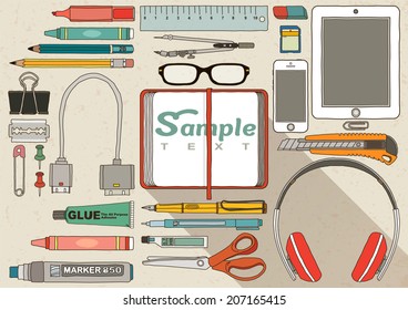 Flat design modern vector illustration concept of creative office accessories, Office Stationary Doodle