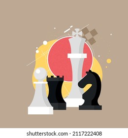 Flat design modern vector illustration concept of business strategy with chess figures on a chess board.