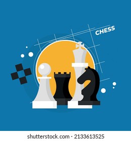 Flat design modern vector illustration concept of business strategy with chess figures on a chess board.