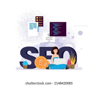Flat design modern vector illustration concept of SEO word combined from elements and icons which symbolized a success internet searching optimization process. Concept with people, letters and icons. 