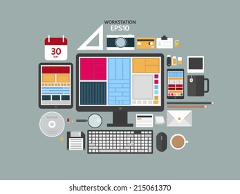 Flat design modern vector illustration concept of creative office workspace, workplace with computer. workstation, digital devices, office objects, tool coffee and documents.