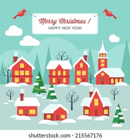 Flat design modern vector illustration for Christmas holiday with winter town