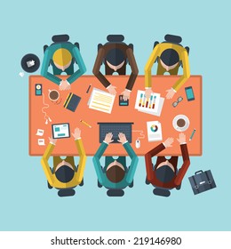 Flat Design Modern Vector Illustration Concept Of Teamwork Analyzing Project On Business Meeting 