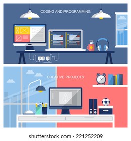 Flat design modern vector illustration of website business services. Office desk template with flat icons.