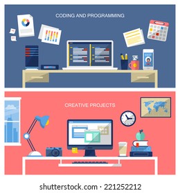 Flat design modern vector illustration of website business services. Office desk template with flat icons.