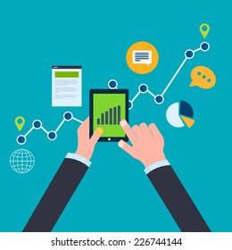 Flat design modern vector illustration concept of website analytics and SEO data analysis using modern mobile devices.