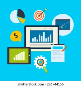 Flat design modern vector illustration icons set of website SEO optimization, programming process and web analytics elements.