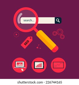 Flat design modern vector illustration concept of website analytics and SEO data analysis using modern electronic and mobile devices.