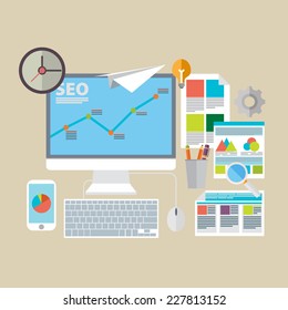 Flat design modern vector illustration icons set of website SEO optimization, programming process and web analytics elements. 