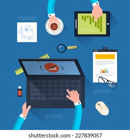 Flat design modern vector illustration concept of teamwork. Top view of desk background with laptop, digital devices, office objects with papers and documents.