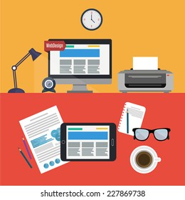 Flat design modern vector illustration concept of creative office workspace, workplace. Top view of desk background with laptop, digital devices, office objects, books and documents.