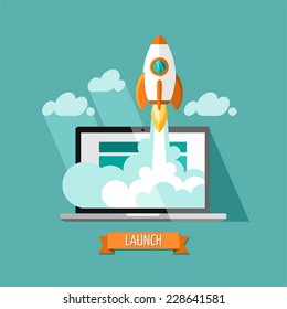 Flat design modern vector illustration concept of new business project startup development and launch a new innovation product on a market.