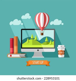 Flat design modern vector illustration concept of new business project start up development and launch a new innovation product.