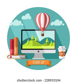 Flat design modern vector illustration concept of new business project start up development and launch a new innovation product.