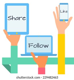 Flat design modern vector illustration concept of social media icons. Hands with simbols.