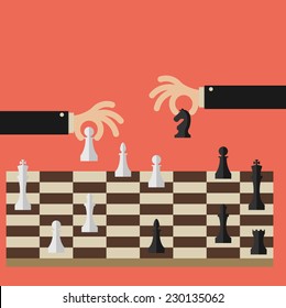 Flat design modern vector illustration concept of two business people playing chess and try to find strategic position and tactic for long-term success plan or goal.