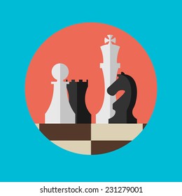 Flat design modern vector illustration concept of business strategy with chess figures on a chess board.